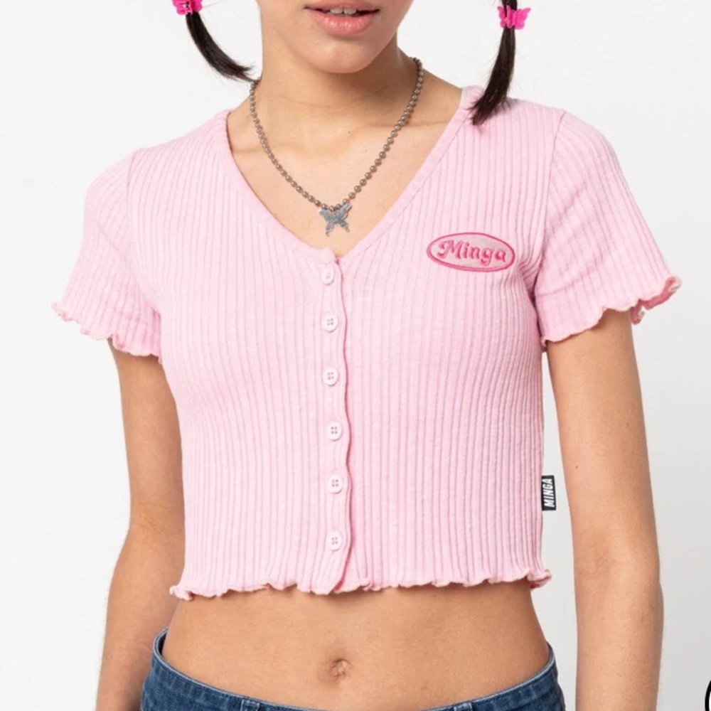 Minga London LIPGLOSS PINK RUFFLE BUTTON-DOWN TOP Size L US 8